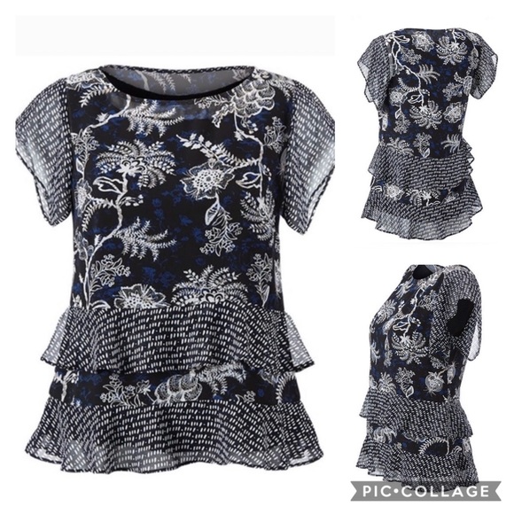 CAbi Tops - Cabi | Floral Hybrid Tiered Hem Blouse L
